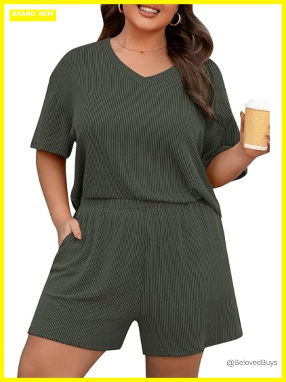 Women's Ribbed Knit Short Set with Pockets Summer 2 Piece Outfit